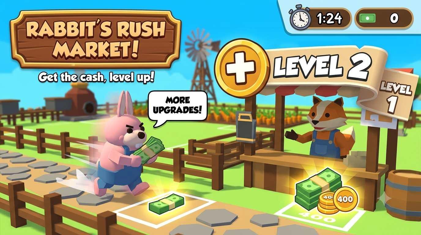 Farming Simulator 3D — a rabbit sprinting with cash past a farm market stall
