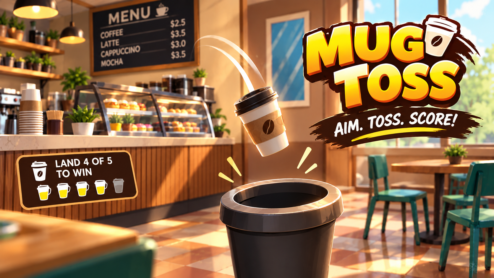 Mug Toss — a takeaway coffee cup arcing towards a bin in a café