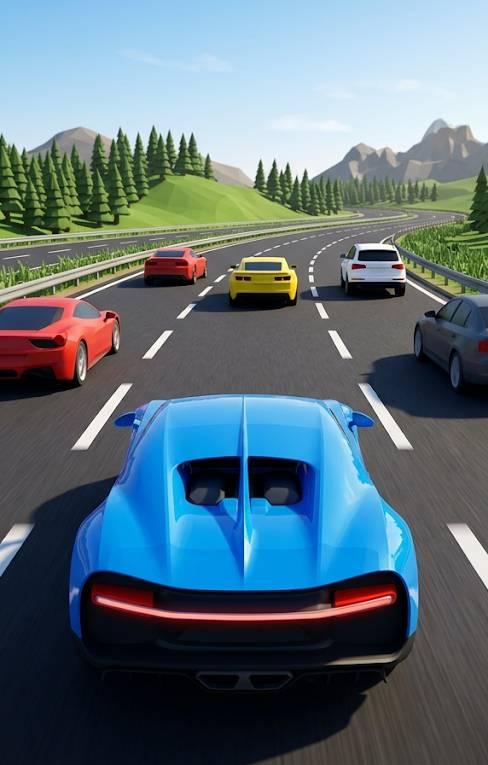 Car Racing 3D — a blue sports car racing through traffic on a highway